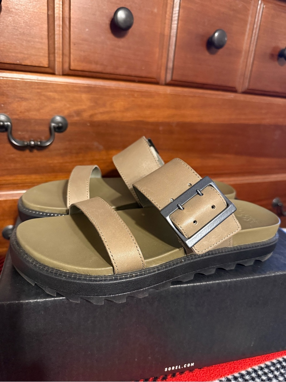 Sorel Chunky Buckle Slide Sandals in Olive/Taupe